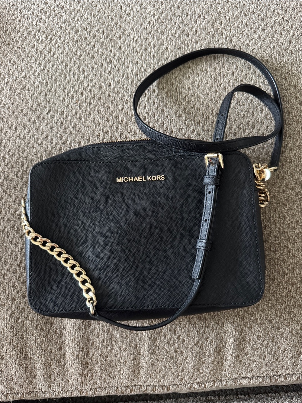Michael Kors Black Leather Crossbody with Gold Chain Detail